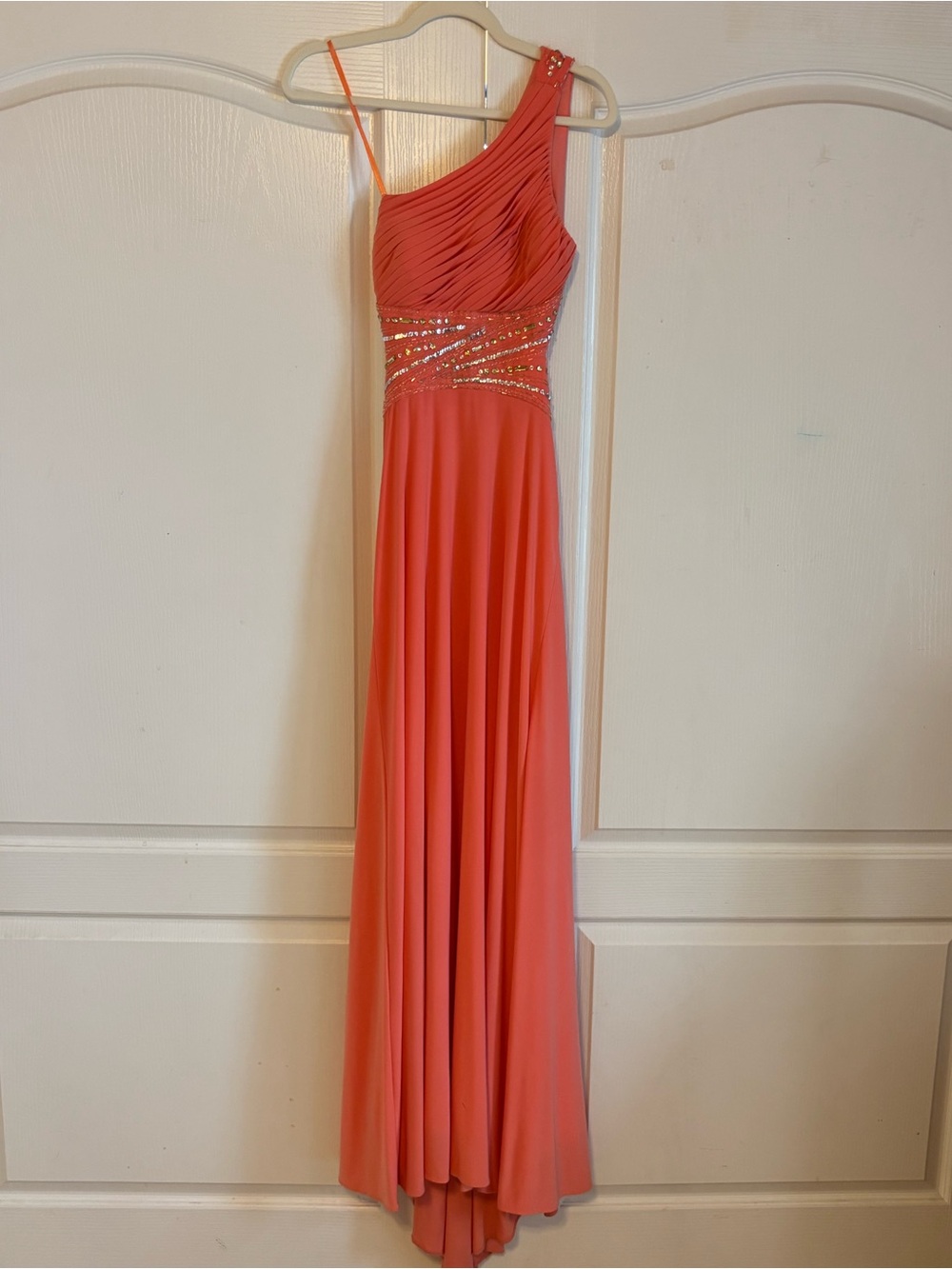 Cache Coral One-Shoulder Evening Dress with Beaded Waist
